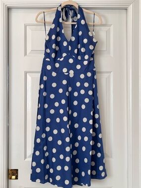 Boden Vintage Cotton Halterneck Dress, Ceramic Blue Spots, size 8R